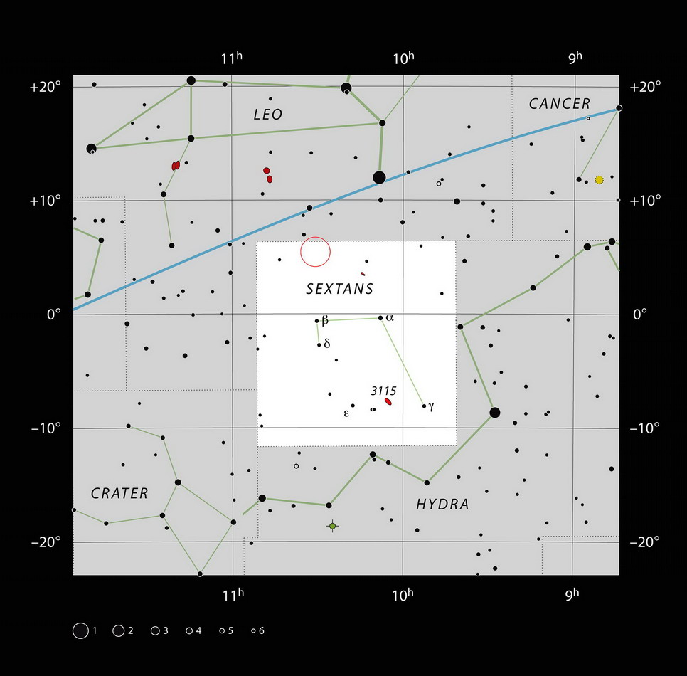 ▲该天体位于六分仪座附近的红圈处(©Sky&Telescope)