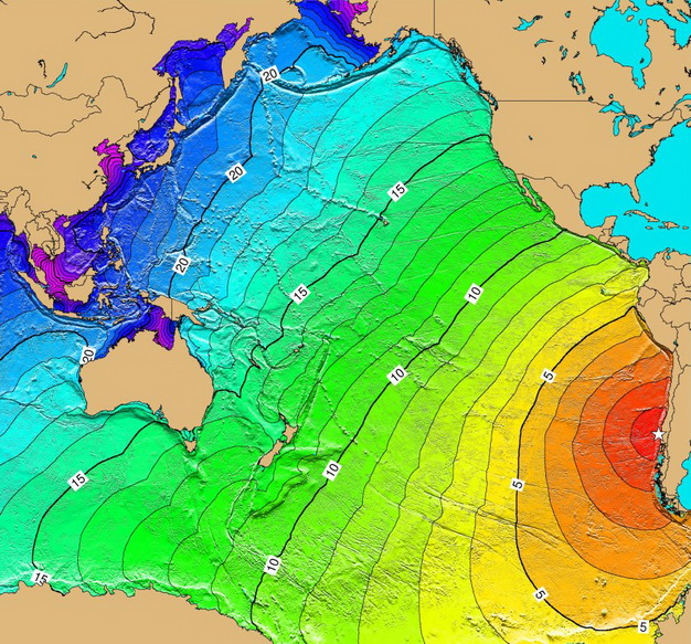 图：世界上最大的地震-海啸地图：智利地震产生了强烈的海啸，以每小时200英里的速度穿越太平洋。这波浪潮在夏威夷造成61人死亡，在日本造成138人死亡，在菲律宾造成32人死亡。星号标记震中的位置，等高线上的数字是波阵面的传播时间（以小时为单位）。