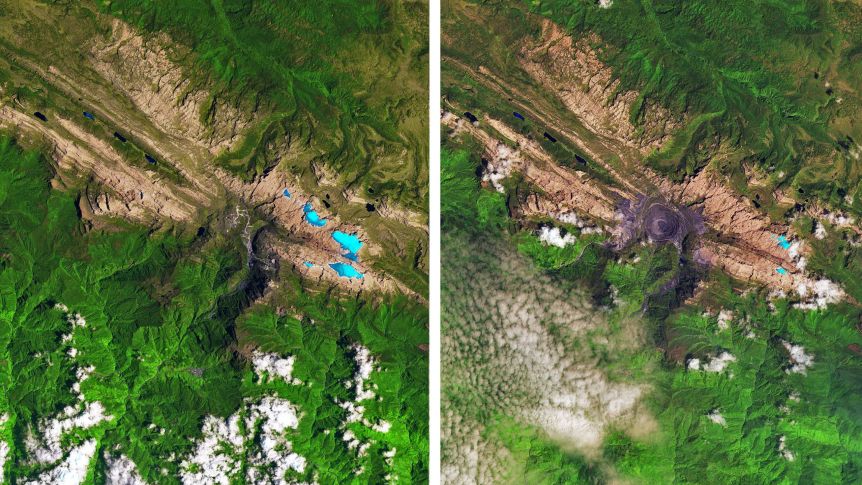 从1988年（左）和2017年（右）的卫星图像中，查亚峰的冰川变化（蓝色突出显示）。（提供：NASA地球观测站）