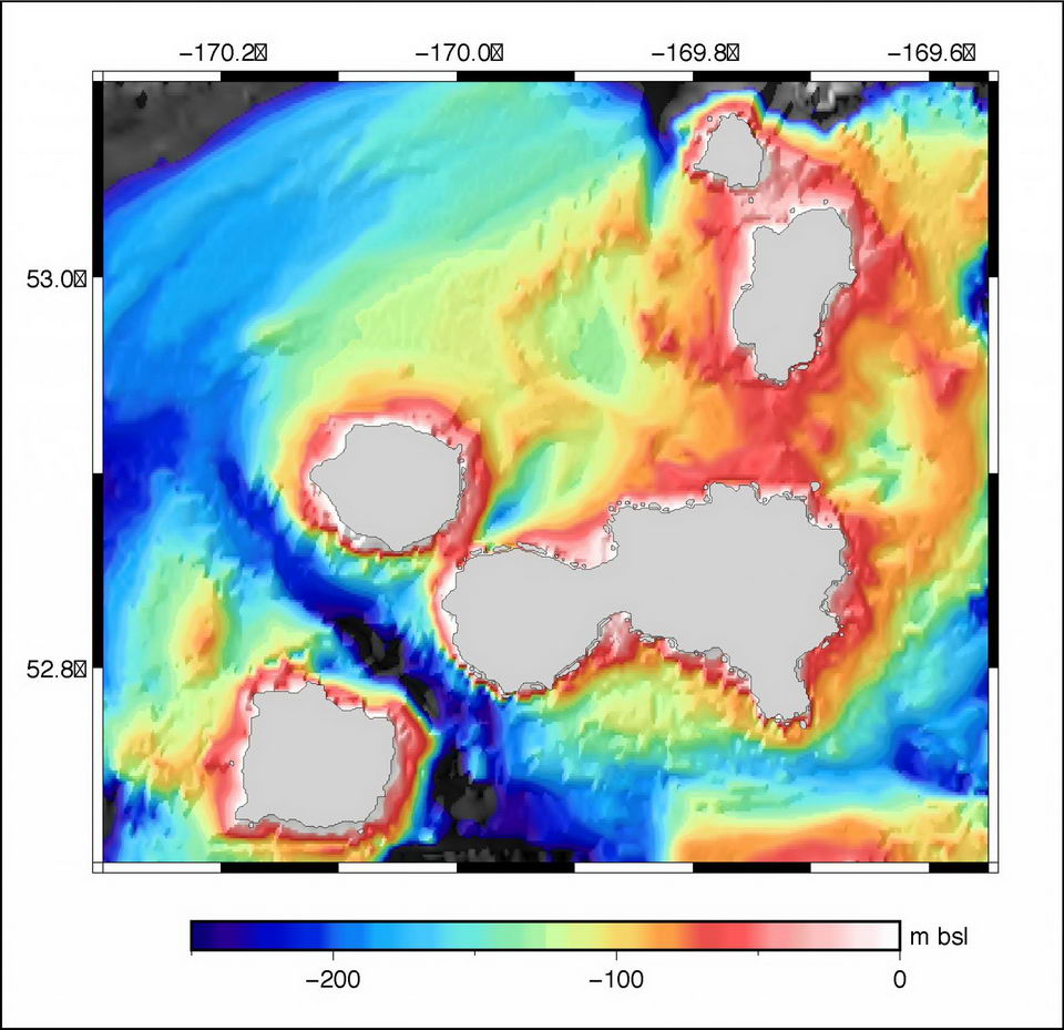 基于20世纪中叶收集的深度测深的四山群岛地区的测深法。图片来源：HélèneLeMével