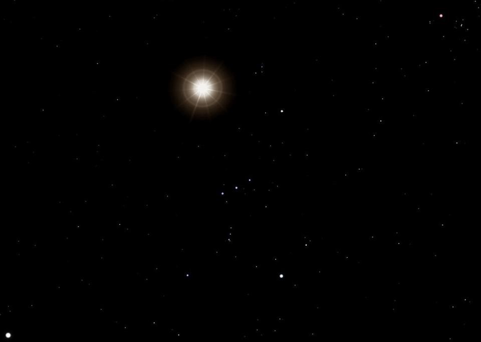如果参宿四在不久的将来成为超新星，就会出现猎户座。恒星的光芒几乎与满月一样明亮。图片来源：Wikimedia Commons user HeNRyKus / Celestia.