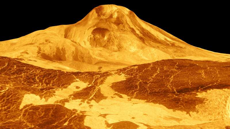 1991年美国麦哲伦号金星探测器的模拟彩色雷达所拍摄之金星大型火山Maat Mons。图片来源：NASA/JPL