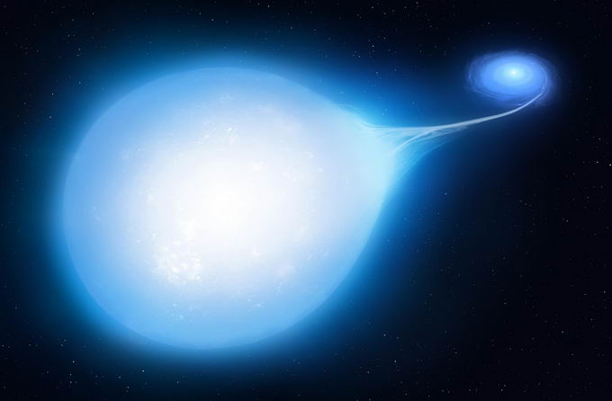 艺术家对大约3000万年后的HD265435系统的印象，较小的白矮星将热亚矮星扭曲成独特的“泪珠”形状。