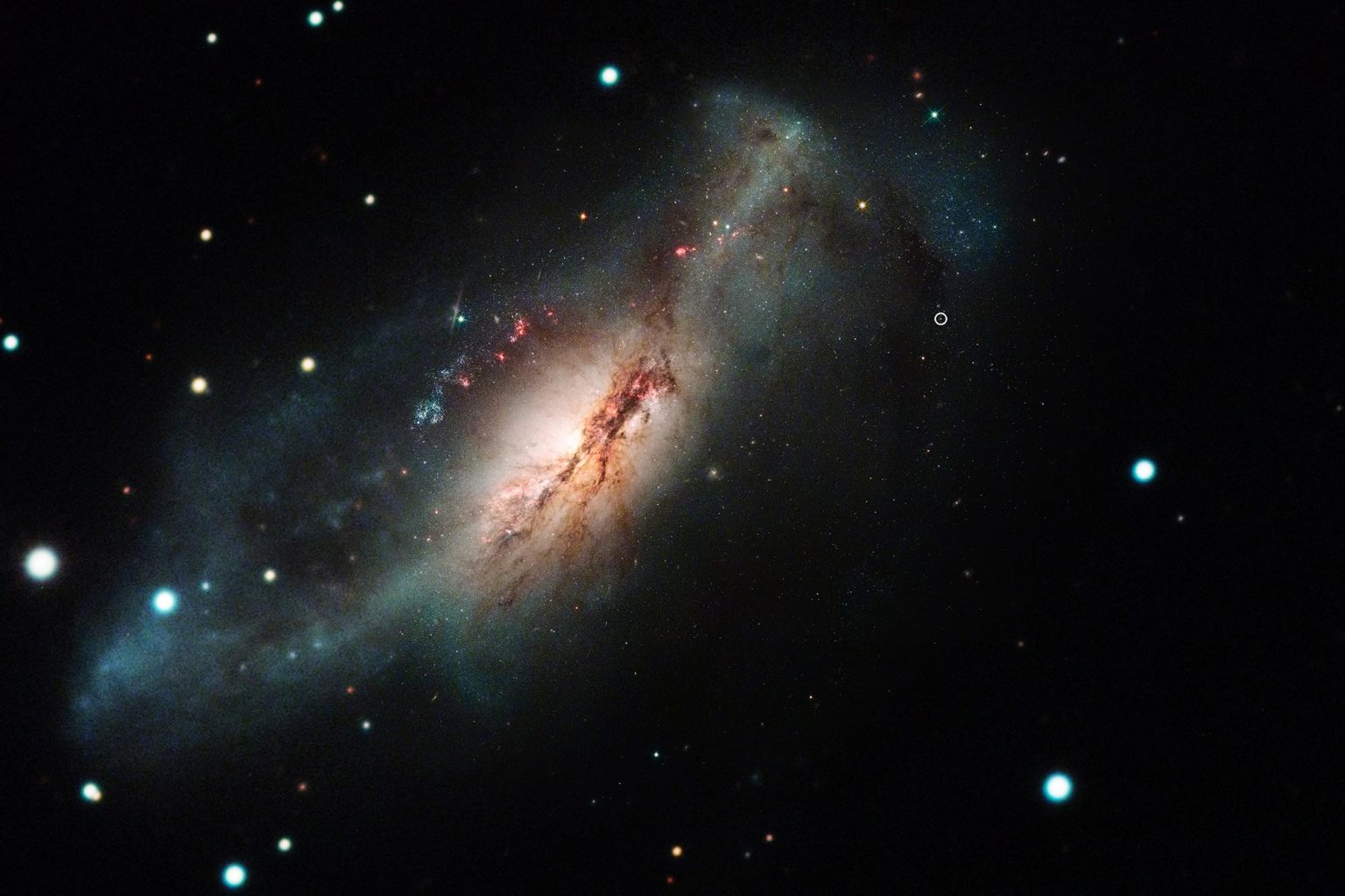 哈勃太空望远镜彩色合成电子捕获超新星 2018zd 和宿主星暴星系 NGC 2146。图片来源：NASA/STScI/J