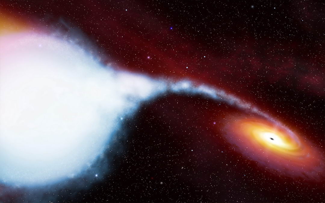 艺术家对由蓝超巨星和黑洞组成的双星系统的想象图，当蓝超巨星上的物质跌落进黑洞的时候，会形成高温的X射线源，如同宇宙中的探照灯一样。