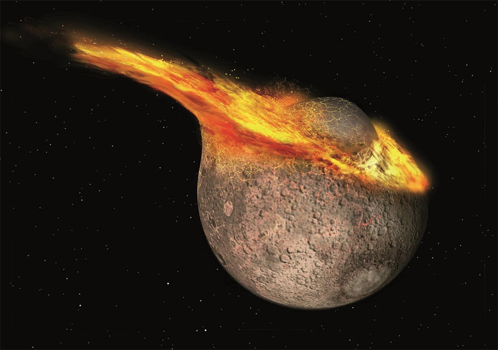 原始地球被忒伊亚撞击后大量的物质被抛入太空中形成月球