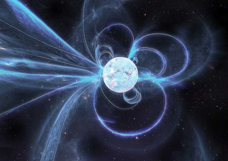 磁星是中子星的一种，被认为具有极其强大的磁场，并且是引起许多快速射电暴的候选者。这是一个艺术家对围绕这样一颗中子星的凌乱磁场的概念图片。
