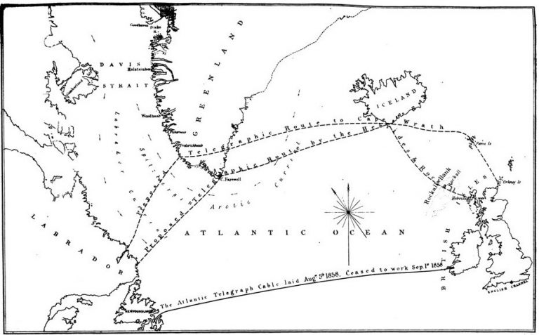 北大西洋海底电缆计划图。图片来源：distantwriting