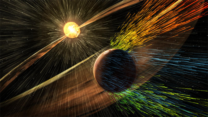 太阳风剥蚀火星大气之示意图。羽流具有较高能量的粒子（红色），但多数粒子是沿着尾部飞出。