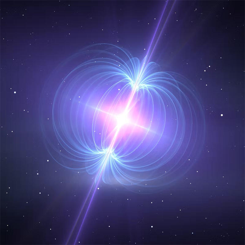 最慢中子星PSR J0941-4046的想象图，显示磁力线和无线电束。
