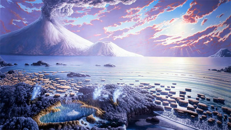 太古宙海边的叠层石，这些都是原始蓝藻形成的