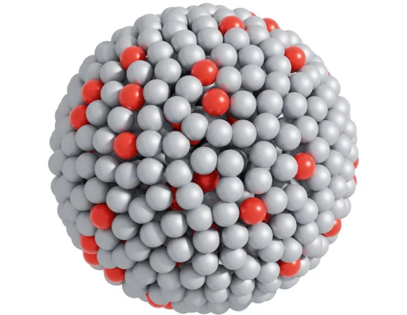 催化系统的原子视图，其中银球代表镓原子，红色球代表铂原子。绿色的小球是反应物，蓝色的球是产物——突出了催化反应。