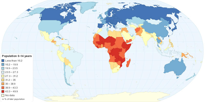 这张地图显示了目前世界上人口最年轻的国家。