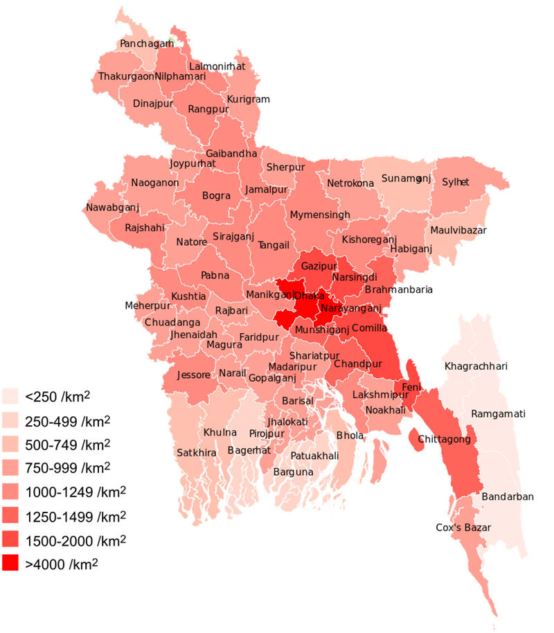 孟加拉国人口密度地图