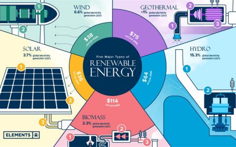2021年五种可再生能源占全球发电量的比例数据