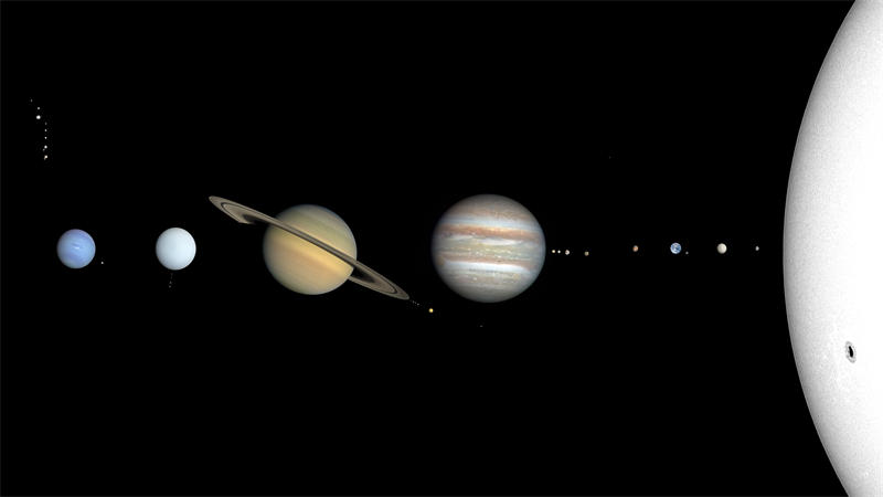 按真实大小排列的太阳系中的大行星大小对比示意图