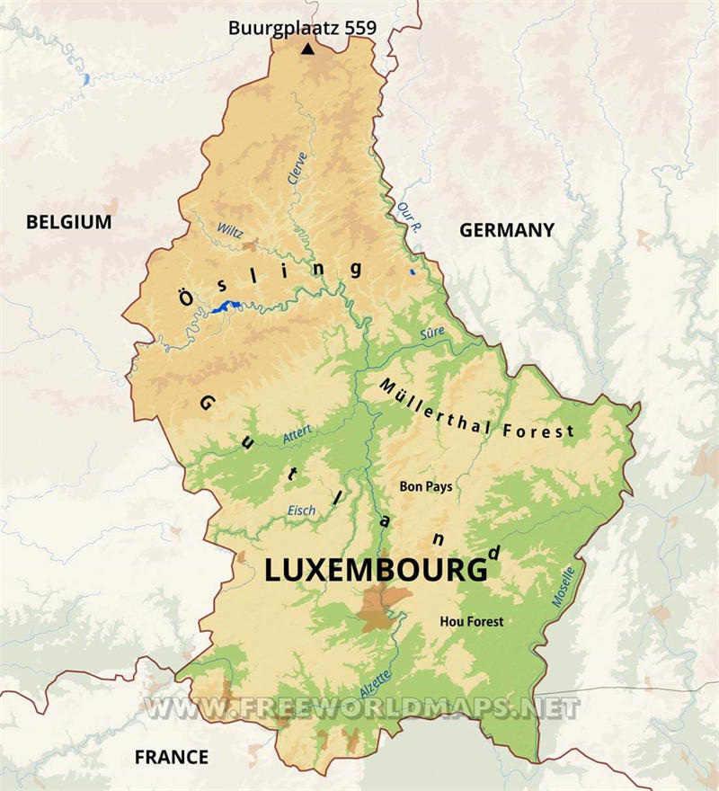 卢森堡地图，卢森堡地形北低南高