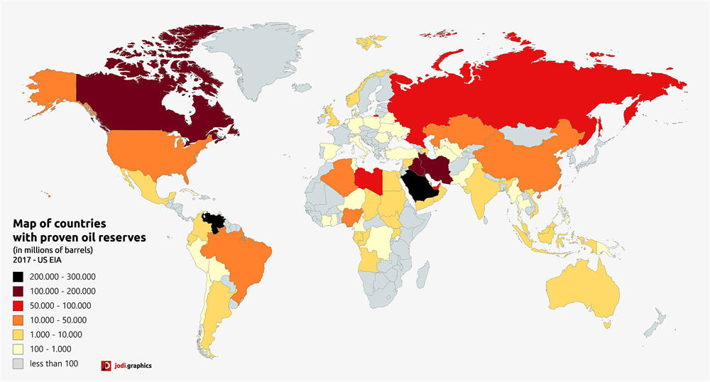 世界各国已探明石油储量地图