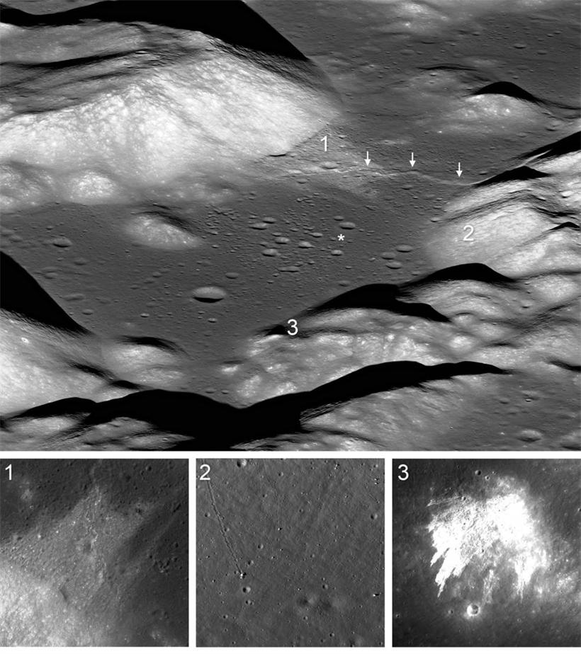 Taurus-Littrow山谷是阿波罗17号着陆点（星号）的位置，这里也有月球断层存在