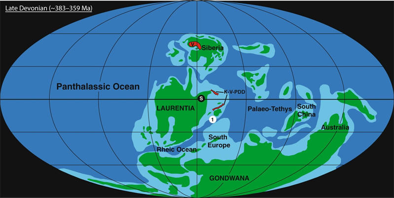 在泥盆纪时期，大多数陆地都位于地球的南半球