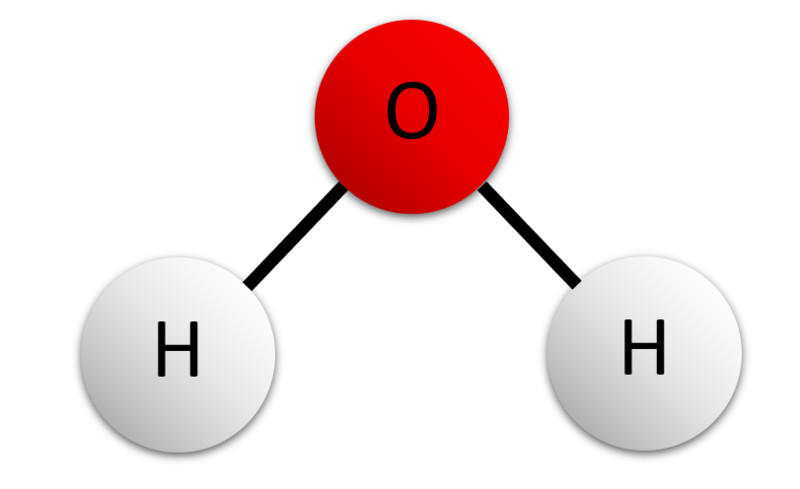 图2：水分子显示一个中心氧原子与两个氢原子结合