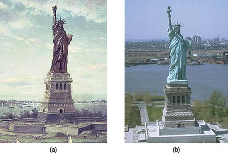 1886年的铜自由女神像(a)缓慢氧化，呈现紫红色金属光泽，对比2002年的(b)，表面覆盖了一层绿色碳酸铜
