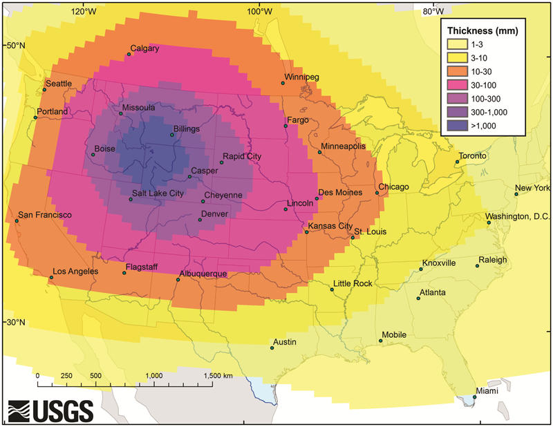 如果黄石超级火山喷发持续一个月，火山灰的分布地图