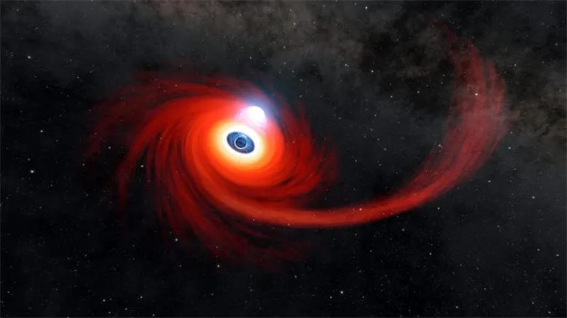 在这张插图中，一个热气体盘围绕着一个黑洞旋转。向右延伸的气体流是被黑洞拉开的恒星的残余物。