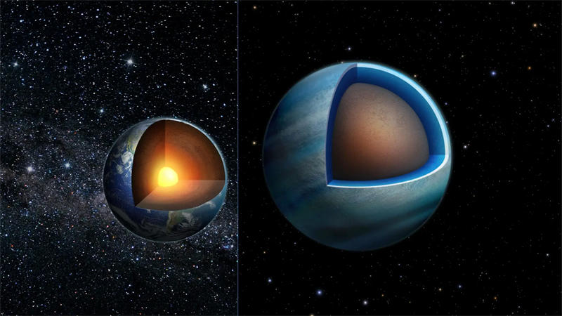 这是一幅艺术家的插图，展示了地球（左）和系外行星Kepler-138d（右）的横截面。与地球一样，这颗系外行星的内部由金属和岩石组成（棕色部分），但Kepler-138d也有一层厚厚的各种形式的高压水：行星深处的超临界和潜在液态水以及延伸的它上面的水蒸气包络（蓝色阴影）。这些水层占其体积的50%以上，或深度约为2,000公里。