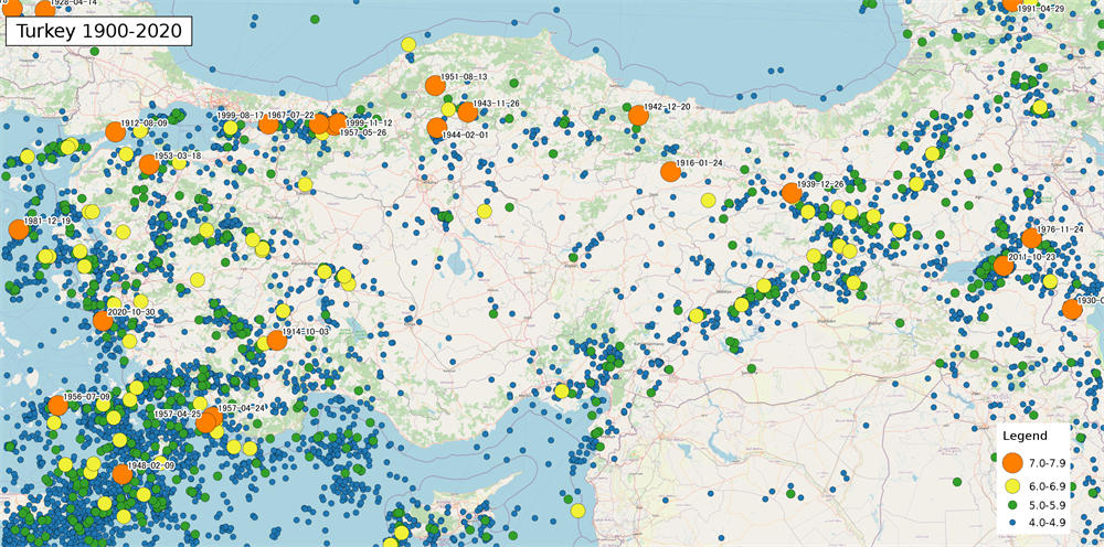1900年到2020年土耳其地震地图，可见土耳其的地震极为频繁