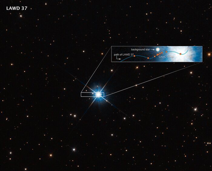 白矮星在2019年从背景恒星前经过。蓝色波浪：从地球上看白矮星在天空中的视运动。虽然白矮星沿直线轨迹运动，但由于视差，地球绕太阳运行时会产生明显的正弦偏移。图片来源：NASA, ESA, P. McGill (Univ. of California, Santa Cruz and Univ. of Cambridge), K. Sahu (STScI), J. Depasquale (STScI)