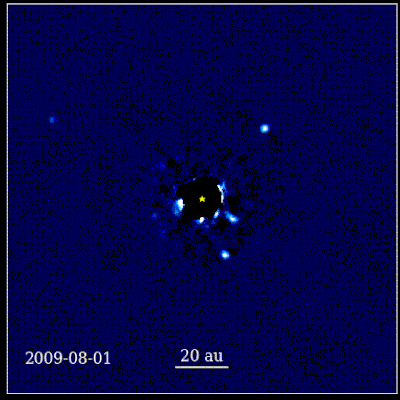 以上动态图片中展示了科学家拍摄的HR8799 12年以来的四颗行星的运动情况