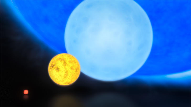 一颗经典的B型主序星和太阳之类的G型主序星的大小对比