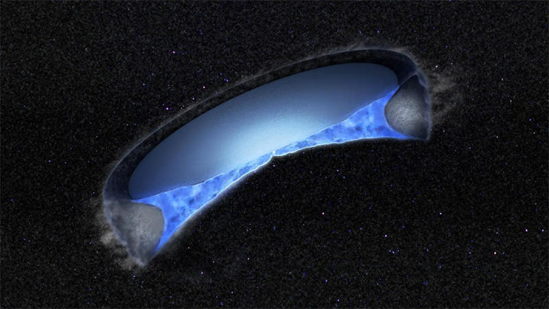 V883 Ori 是一颗独特的原恒星，其温度刚好高到足以使星周盘中的水变成气体，这使得射电天文学家能够追踪水的来源。阿塔卡马大毫米/亚毫米阵列 (ALMA) 的新观测首次证实，我们太阳系中的水可能与宇宙其他地方原恒星周围圆盘中的水来自同一位置：星际介质。图片来源：ALMA (ESO/NAOJ/NRAO), B. Saxton (NRAO/AUI/NSF)
