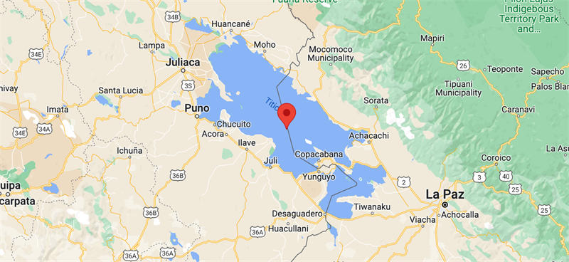 的的喀喀湖地图，该湖地处南美洲的秘鲁和玻利维亚边境线上