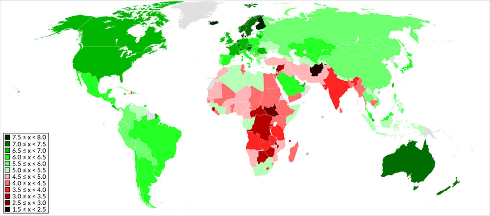 全世界各个国家和地区的幸福指数地图
