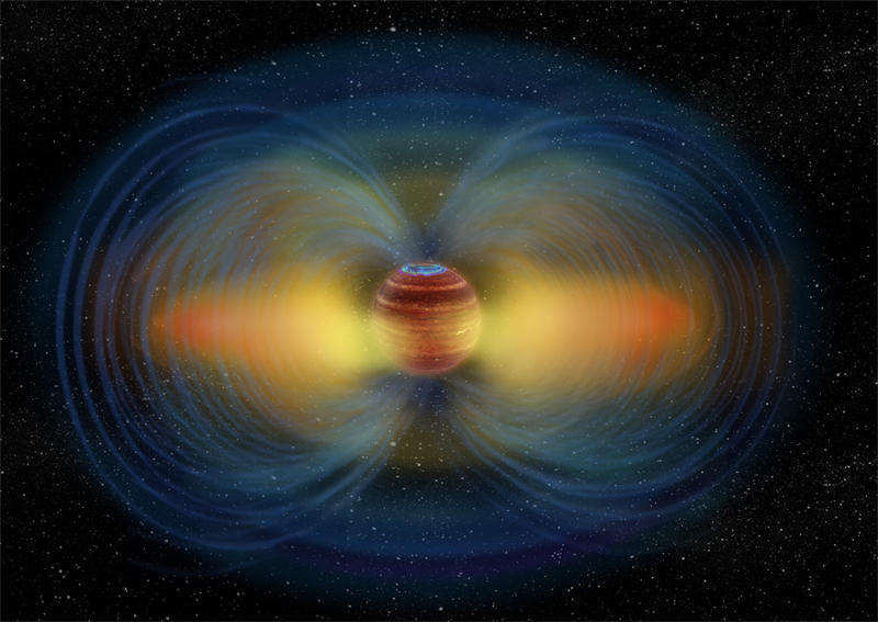 符合科学概念的LSR J1835+3259艺术绘制图，其磁场所呈现的辐射带，极区甚至会产生极光。（图片来源：Chuck Carter, Melodie Kao, Heising-Simons Foundation）