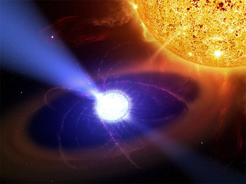 脉冲星白矮星的能量束照射到伴星大气层的时候，就会将电子加速到接近光速，从而形成强烈的脉冲信号