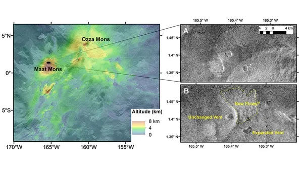 左：马特蒙斯山和奥扎蒙斯山是金星阿尔塔地区的两座火山。右图：1991年2月的雷达图像显示了一个火山口（上）。1991年10月同一地区的图像显示，喷口已经扩大，喷口以北地形的外观表明它被新的熔岩流覆盖。