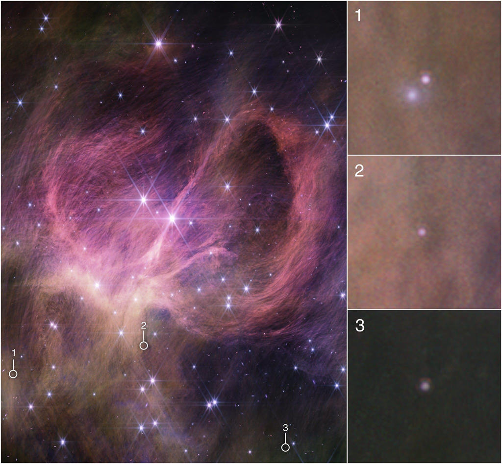 韦伯太空望远镜近红外光谱仪所拍摄IC 348中心部分，3颗发现的褐矮星在图像中圈出，详细图像显示在图中右侧，其中最小的一颗的重量仅为木星的3到4倍，这对恒星形成的理论提出了挑战。图片来源：NASA、ESA、CSA、STScI、Kevin Luhman (PSU)、Catarina Alves de Oliveira (ESA)